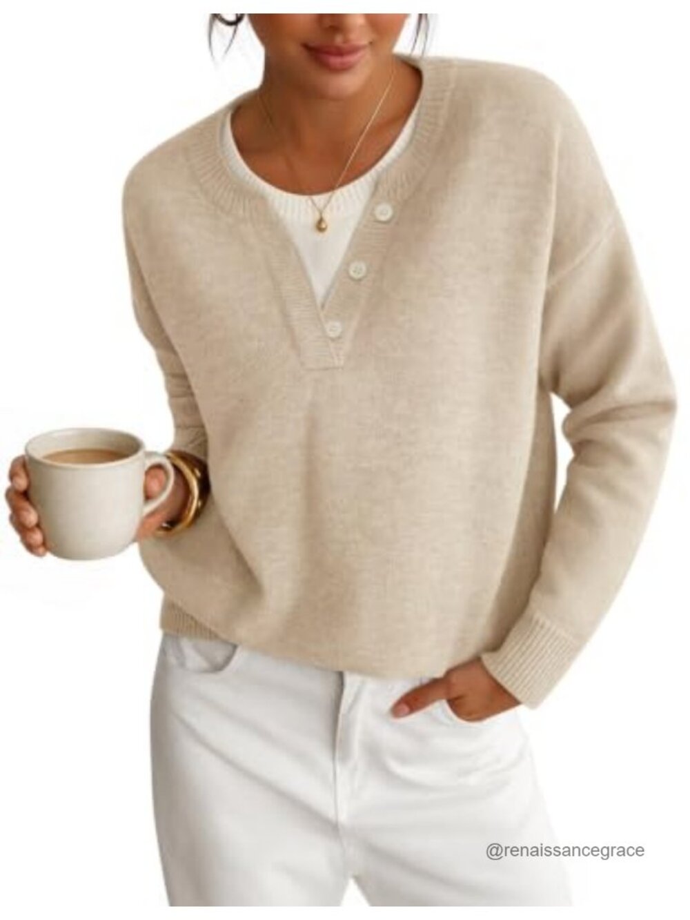 Women's Henley Neck Oversized Sweater Faux Layered Pullover